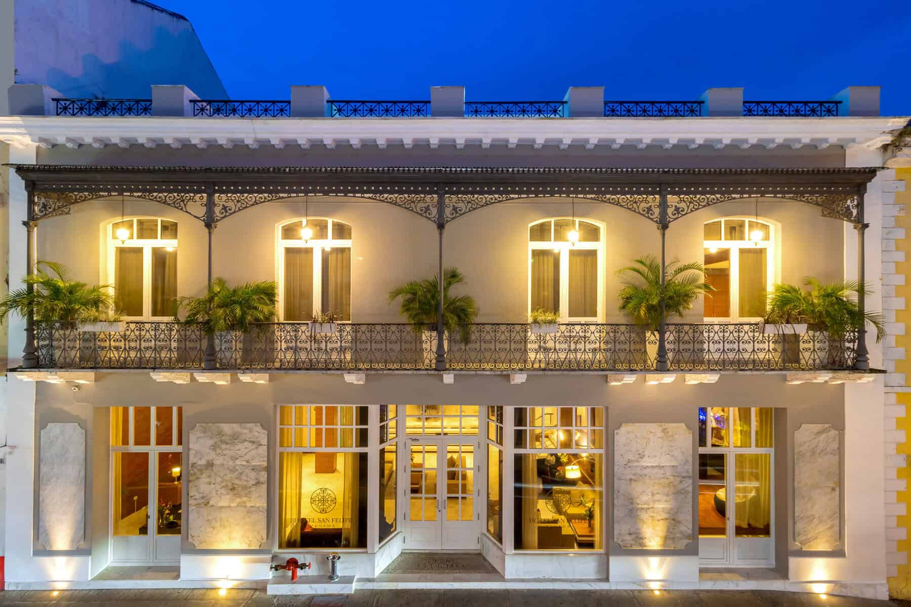 Hotel San Felipe exterior Casco Viejo Panama boutique hotel colonial facade at night