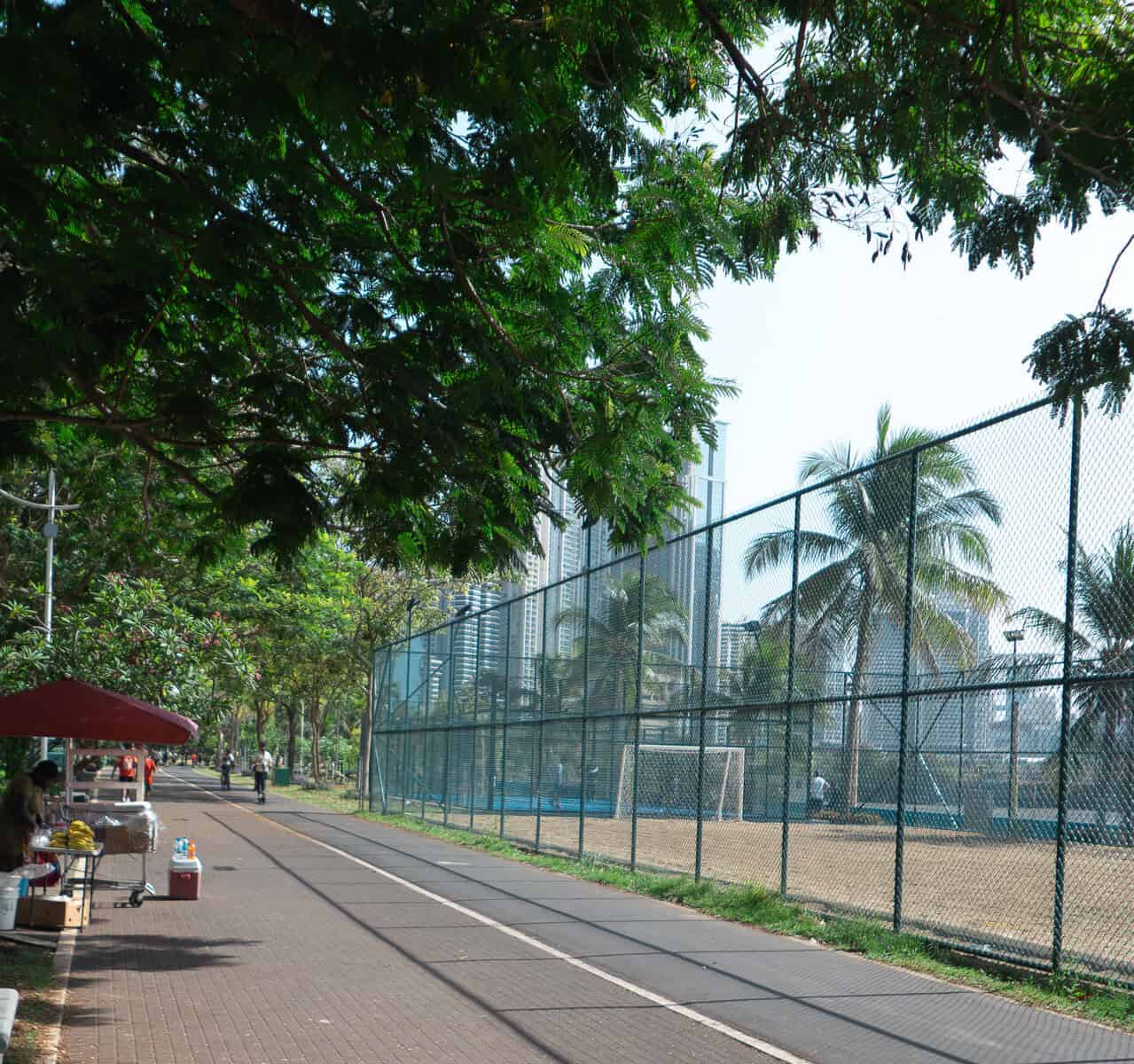 Waterfront path and fenced sports court on Cinta Costera 2 in Panama City with palm trees and skyline in the background.