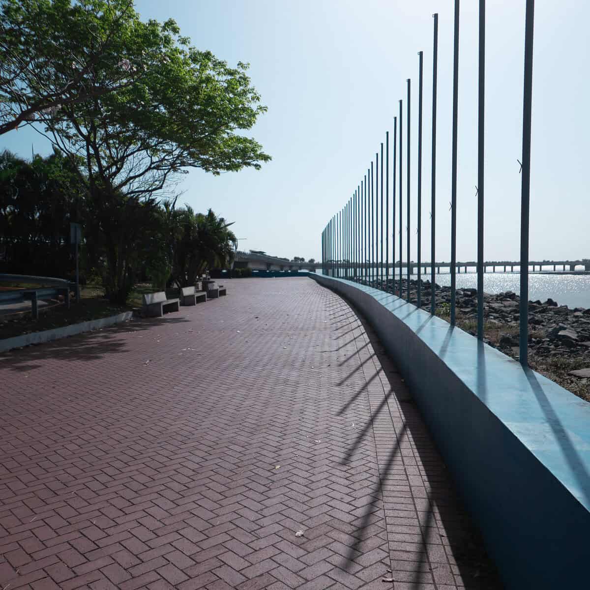 Aerial view of Cinta Costera 2 circular plaza and amphitheater with Casco Viejo across the bay in Panama City