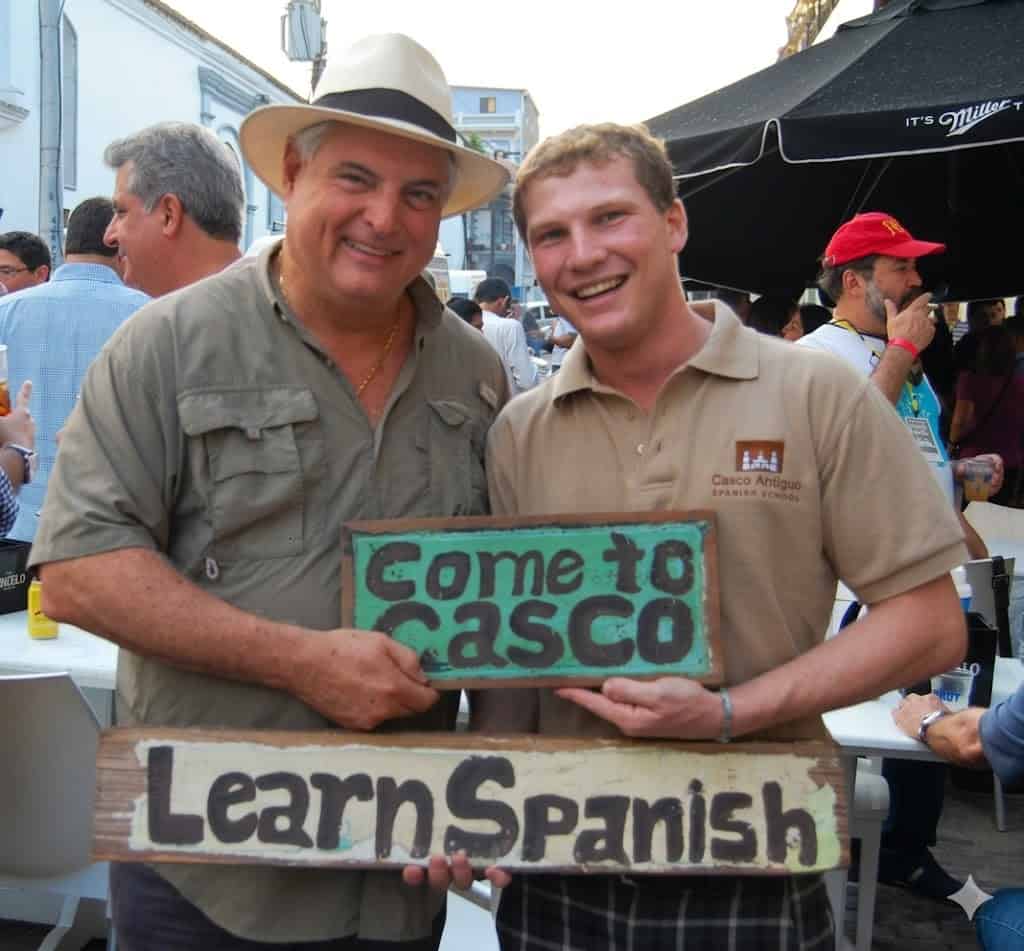 David from Casco Antiguo Spanish School with former Panama President Ricardo Martinelli at a Casco Viejo festival promoting Learn Spanish