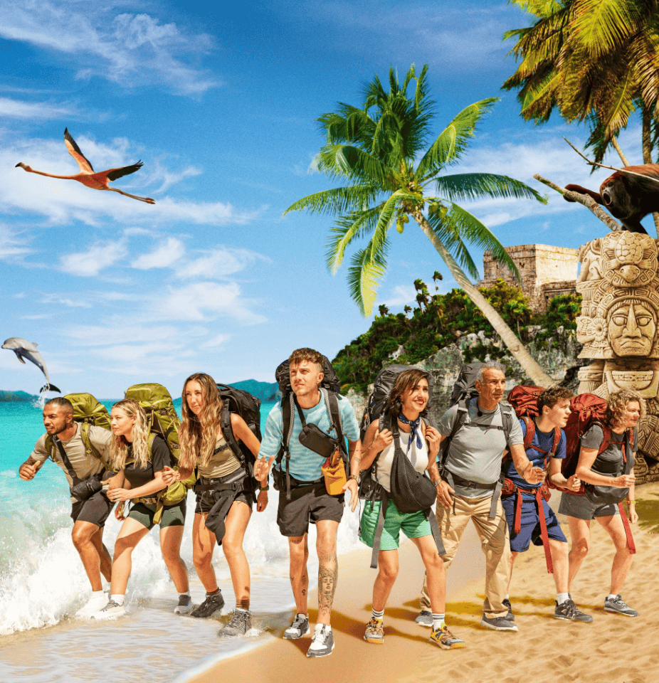 Contestants from Celebrity Race Across the World arriving on a tropical beach in Bocas del Toro Panama during filming