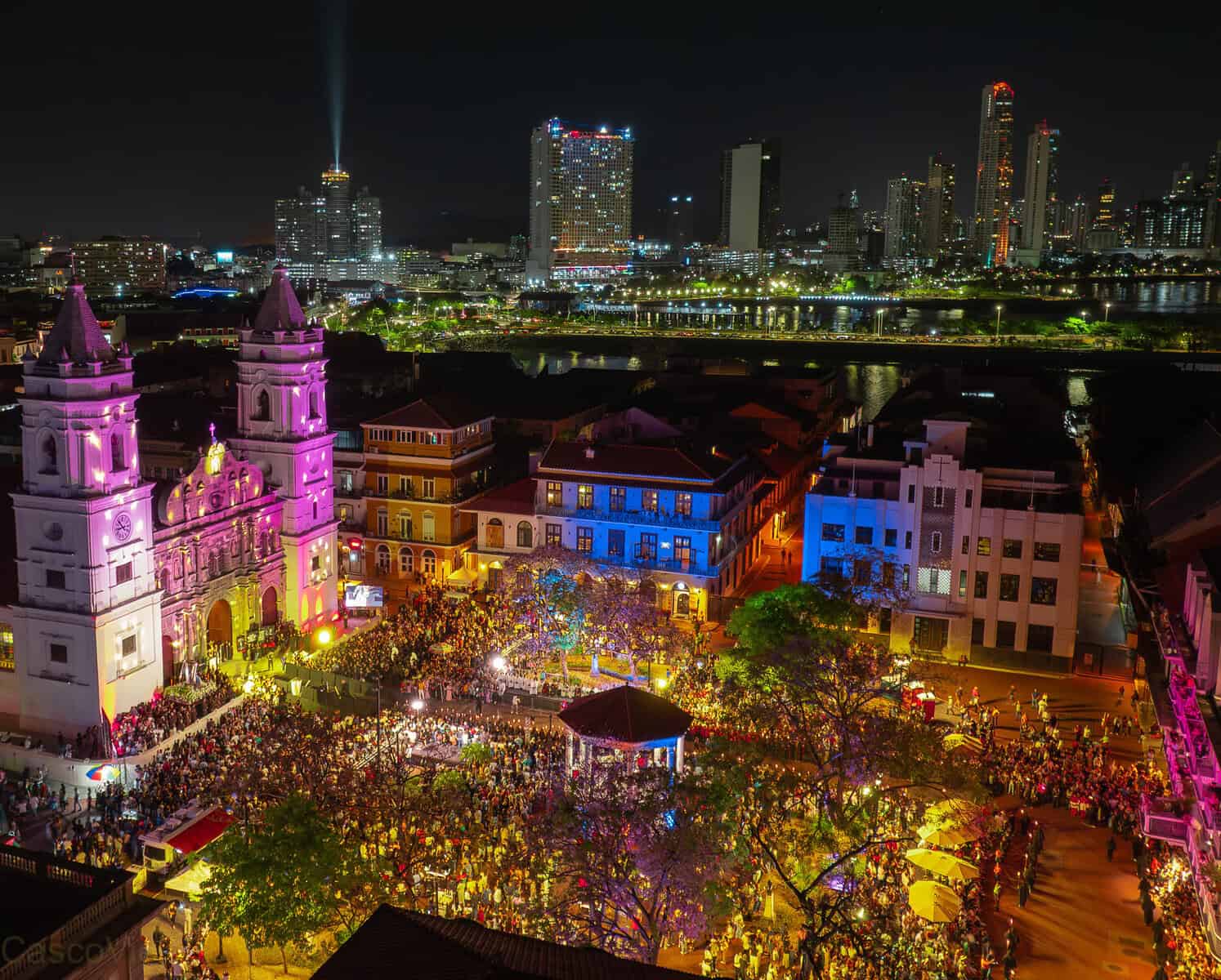 Good Friday Holy Week procession at Cathedral Plaza Casco Viejo Panama City at night