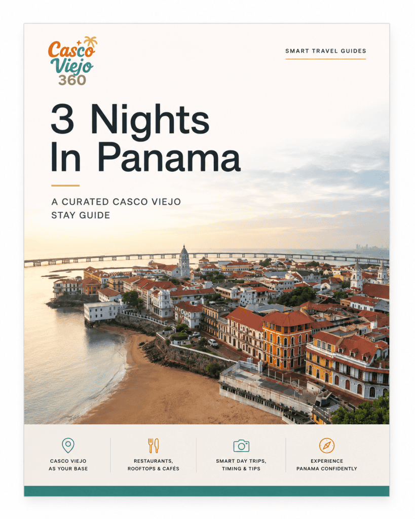 Three Nights Four Days in Panama travel guide cover featuring an aerial view of Casco Viejo Panama and the Bay of Panama
