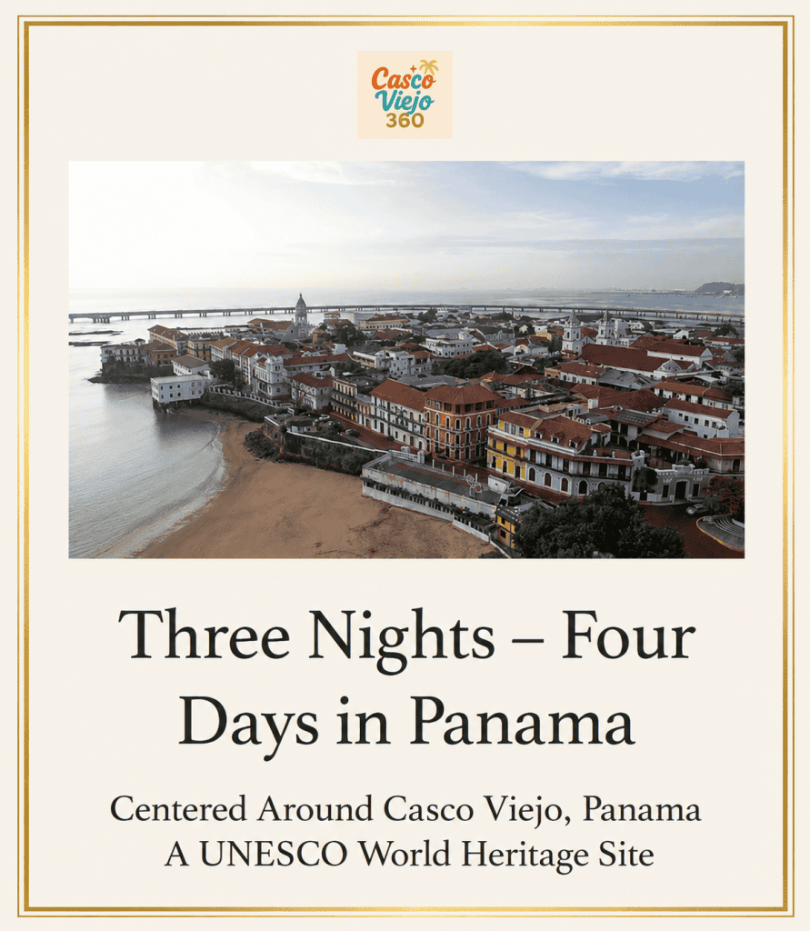 Three Nights Four Days in Panama travel guide cover featuring an aerial view of Casco Viejo Panama and the Bay of Panama