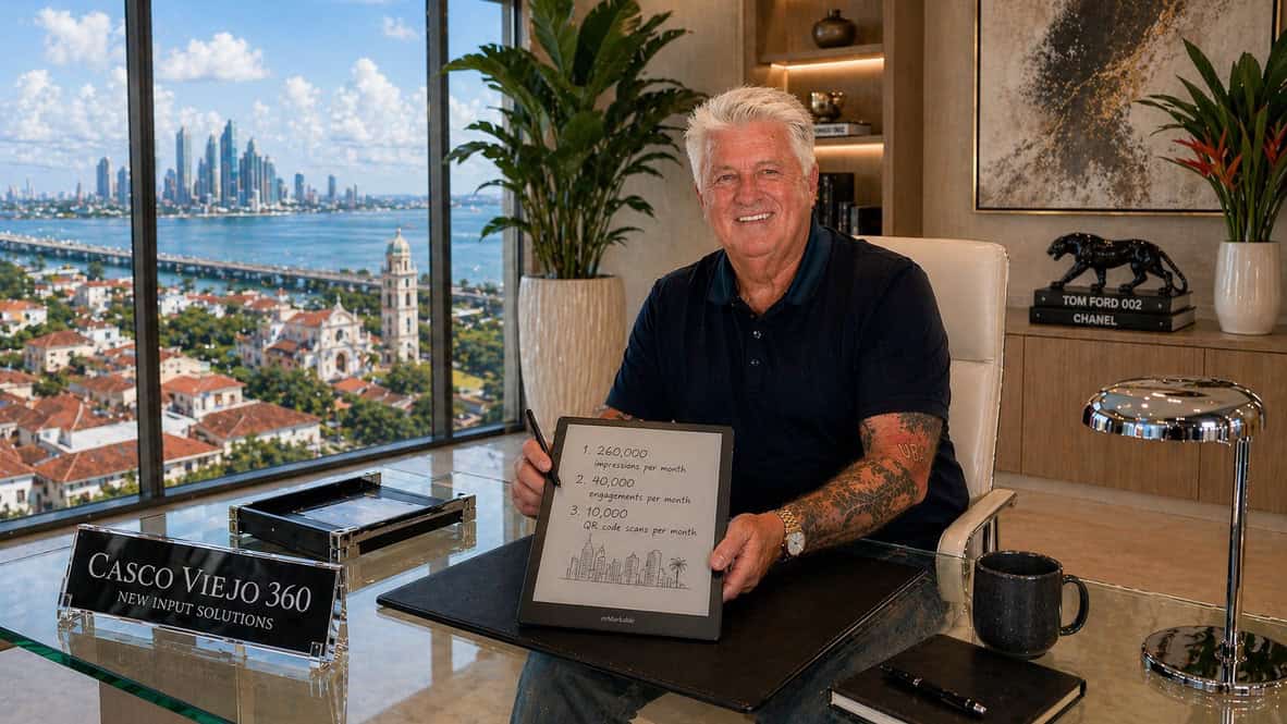 James P. Rice, founder of CascoViejo360.com, in his Casco Viejo office discussing tourism marketing, hospitality expertise, and Panama travel.