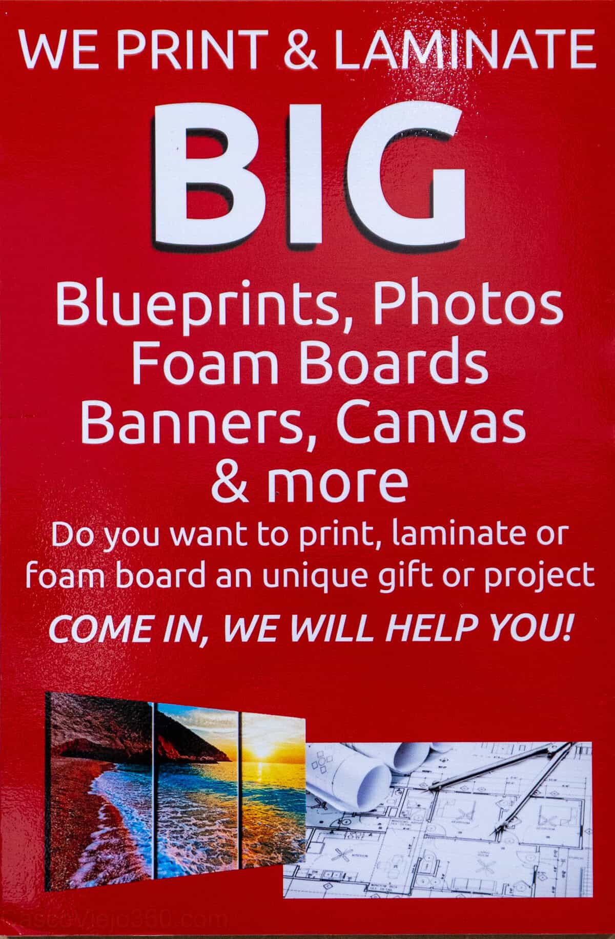 Large format printing services sign at Mail Boxes Etc. Casco Viejo in Panama City, Panama.