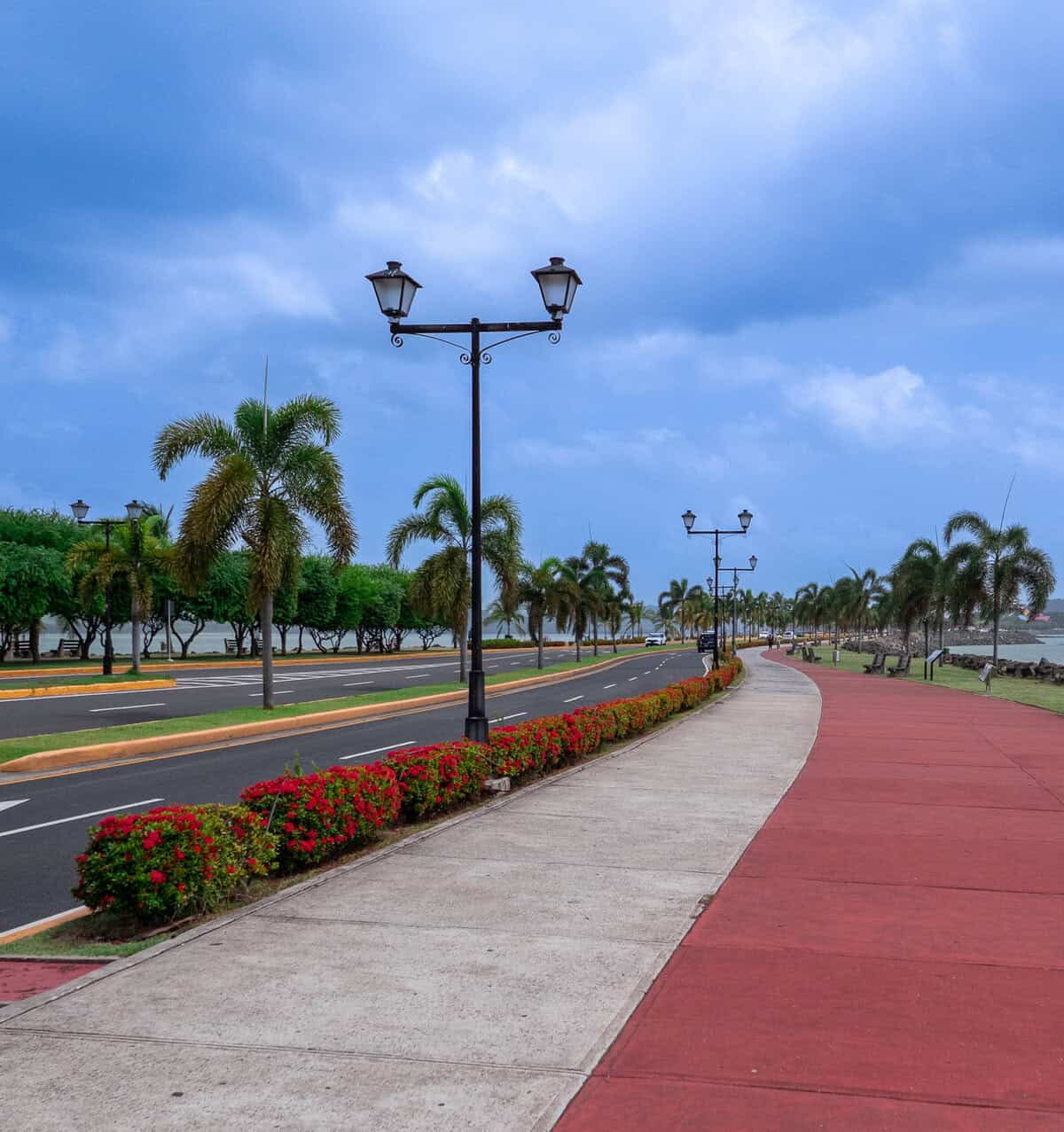 Walking and cycling path along the Amador Causeway in Panama City, Panama.