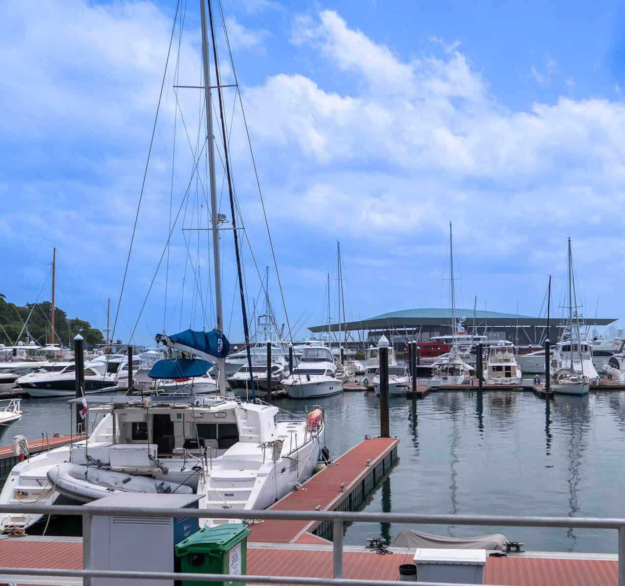 Flamenco Marina on the Amador Causeway with the Panama Convention Center in the background, Panama City.