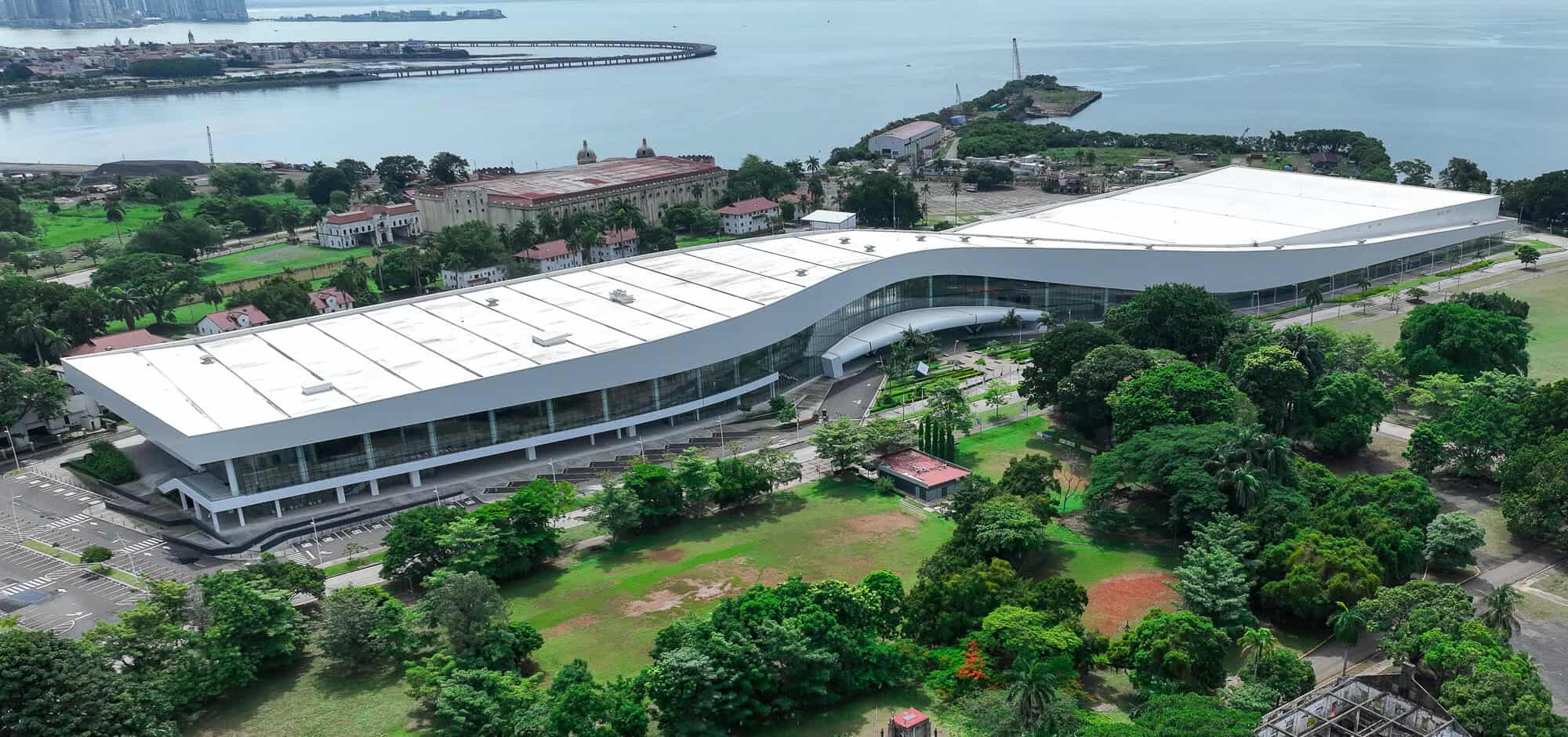 Aerial view of the Panama Convention Center on the Amador Causeway in Panama City, Panama.