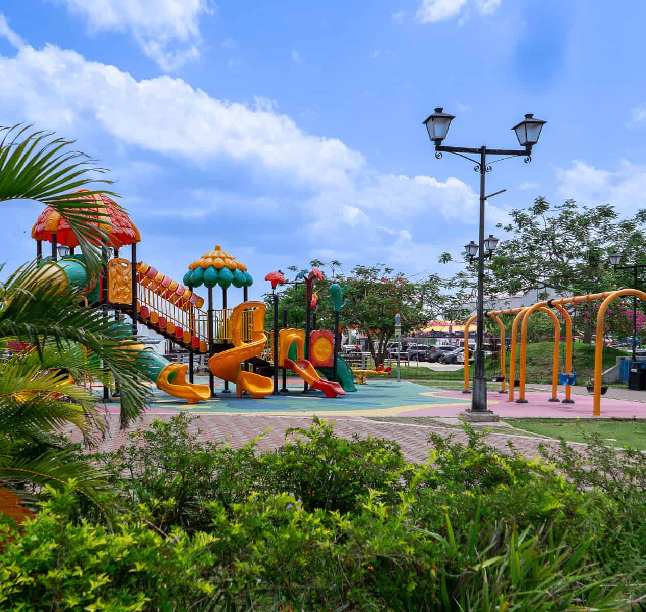 Children's playground on the Amador Causeway in Panama City, offering family-friendly recreation near the waterfront.