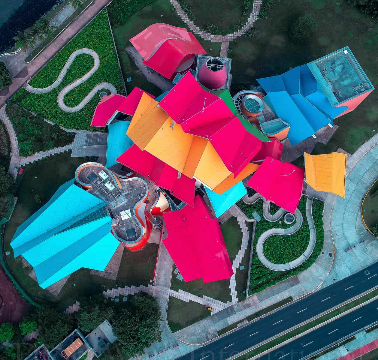 Aerial view of the Biomuseo on the Amador Causeway in Panama City, Panama.
