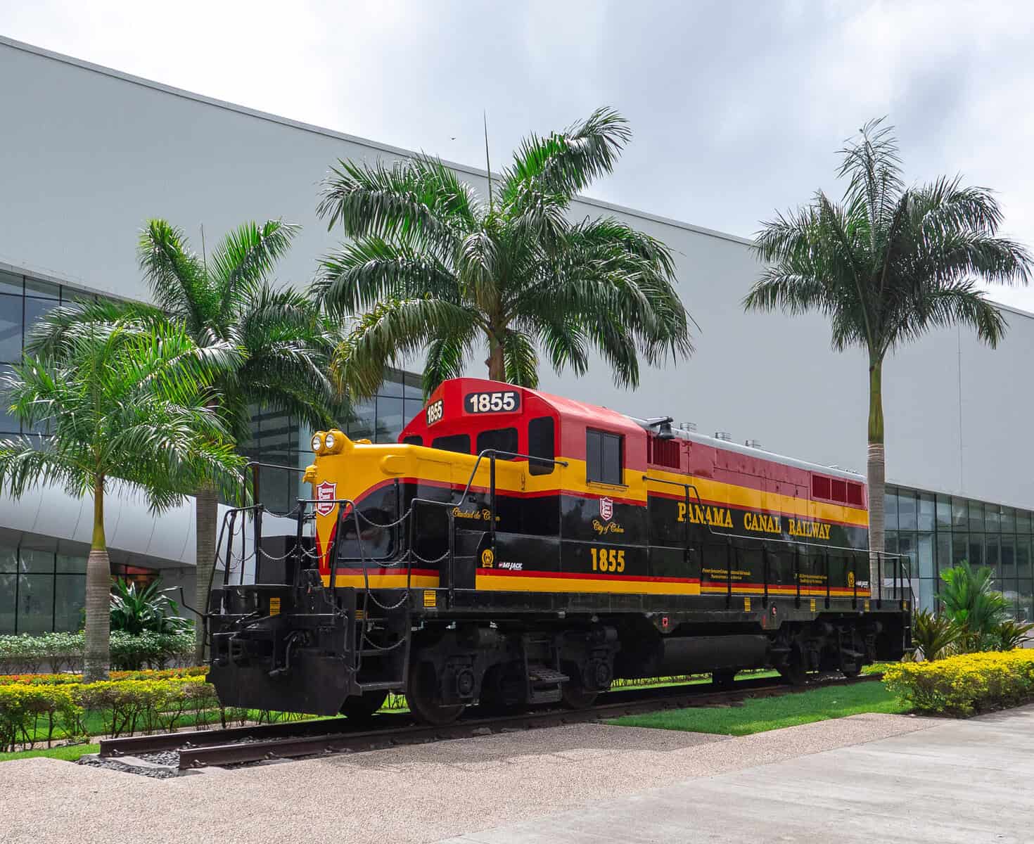 Historic Panama Railroad locomotive displayed outside the Panama Convention Center on the Amador Causeway.