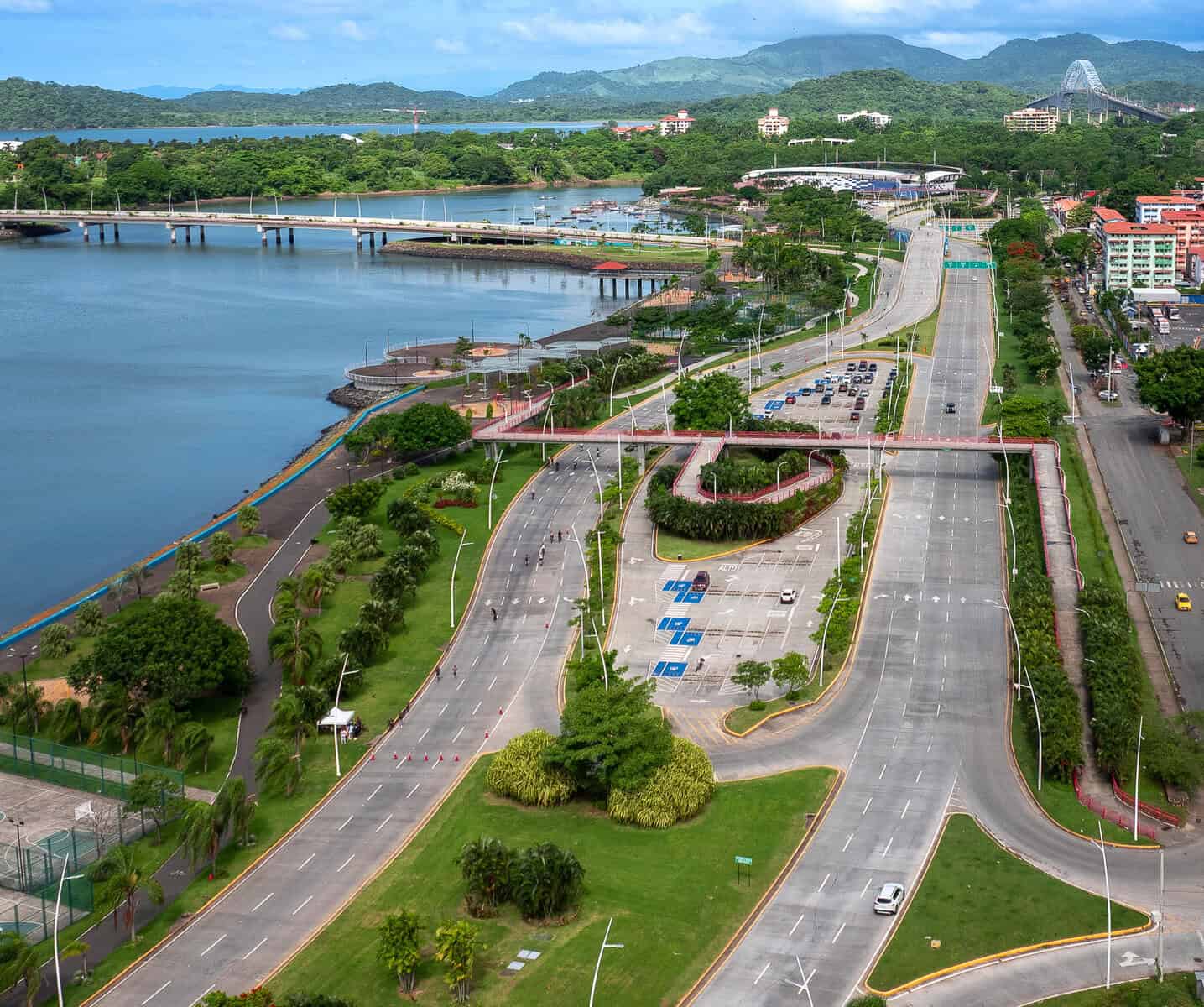Aerial view of Cinta Costera 3 leading toward the Bridge of the Americas and the Amador Causeway in Panama City.