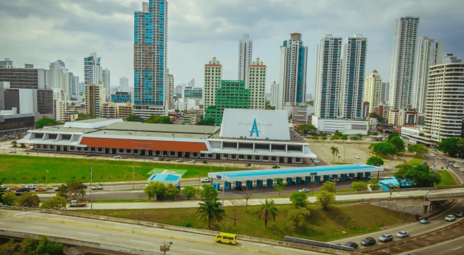 ATLAPA Convention Center in Panama City surrounded by the city's modern skyline and commercial district.