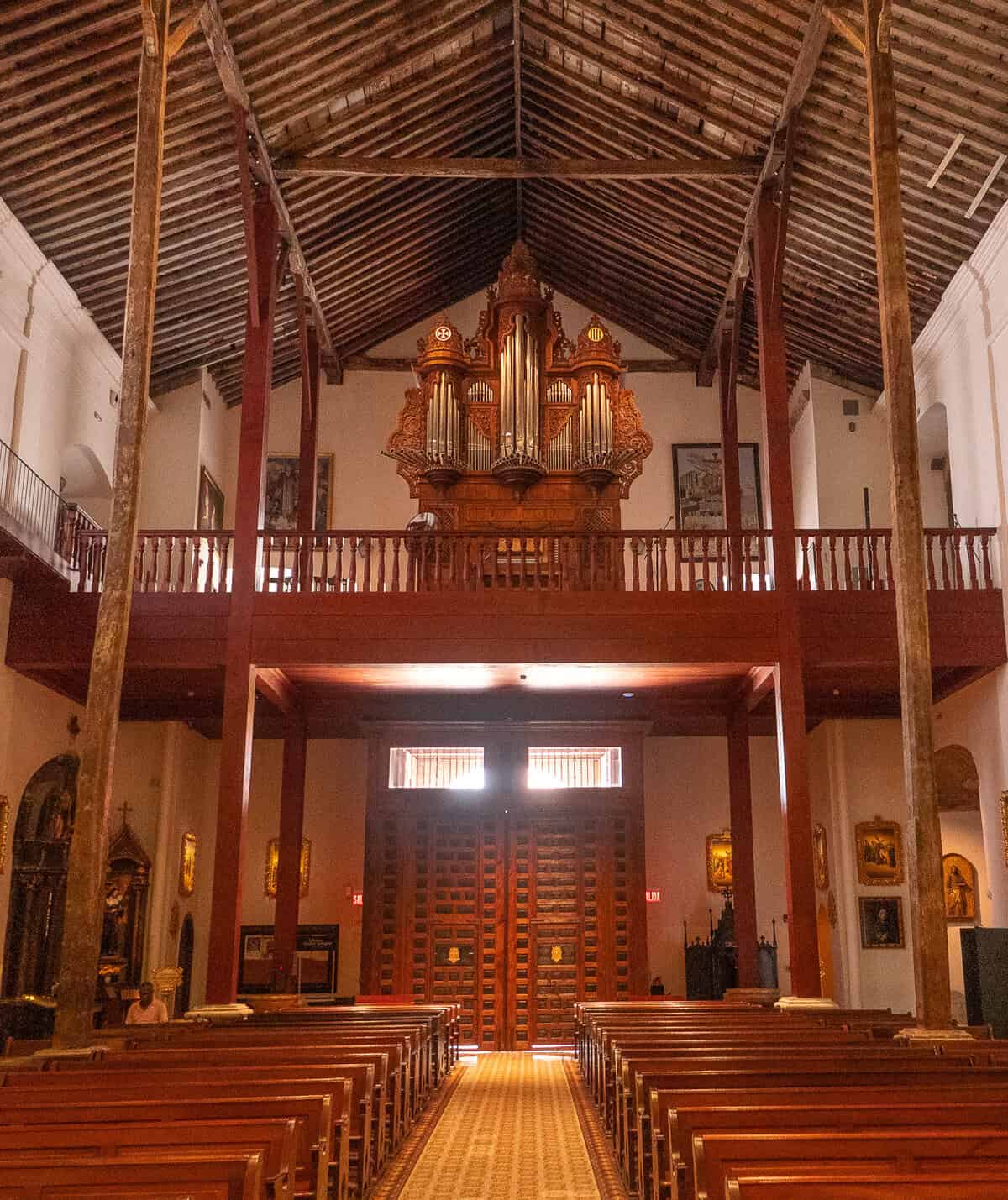 View toward the choir loft and pipe organ inside La Merced Church in Casco Viejo, Panama City.