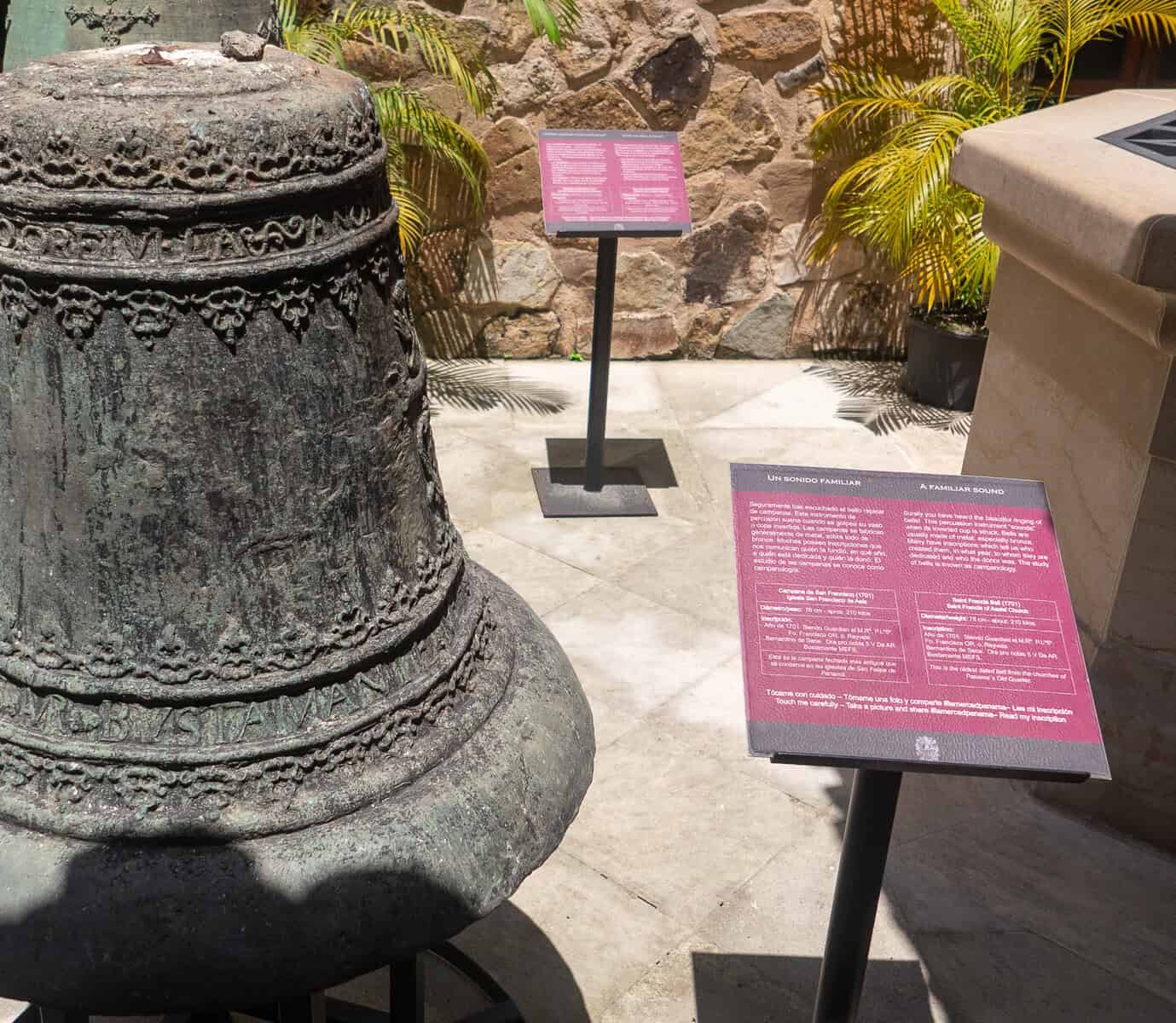 Historic church bell displayed in the La Merced Church museum in Casco Viejo, Panama City.