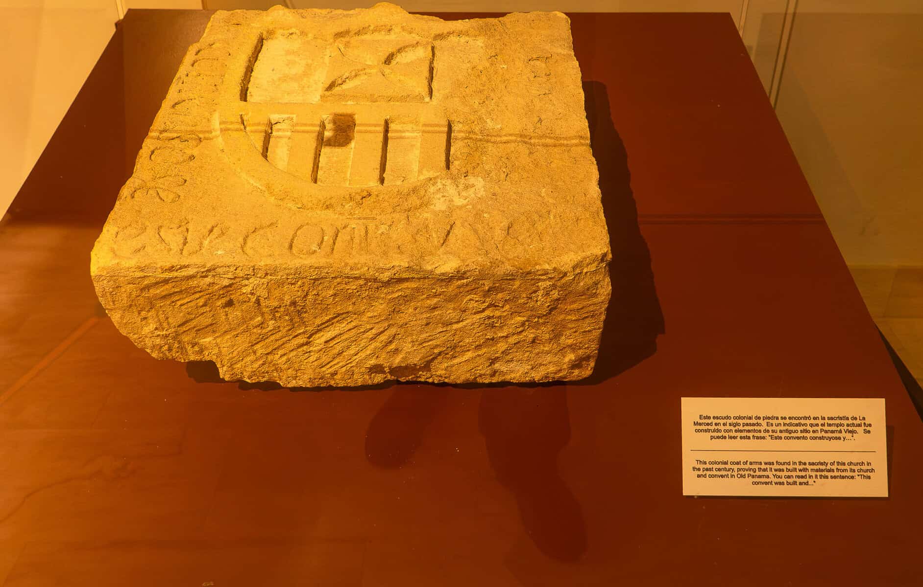 Colonial stone coat of arms displayed in the Museum of La Merced, Casco Viejo, Panama City.