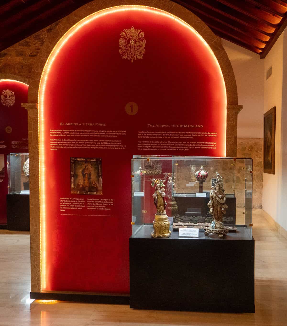 Interpretive exhibit and religious artifacts in the Museum of La Merced in Casco Viejo, Panama City.