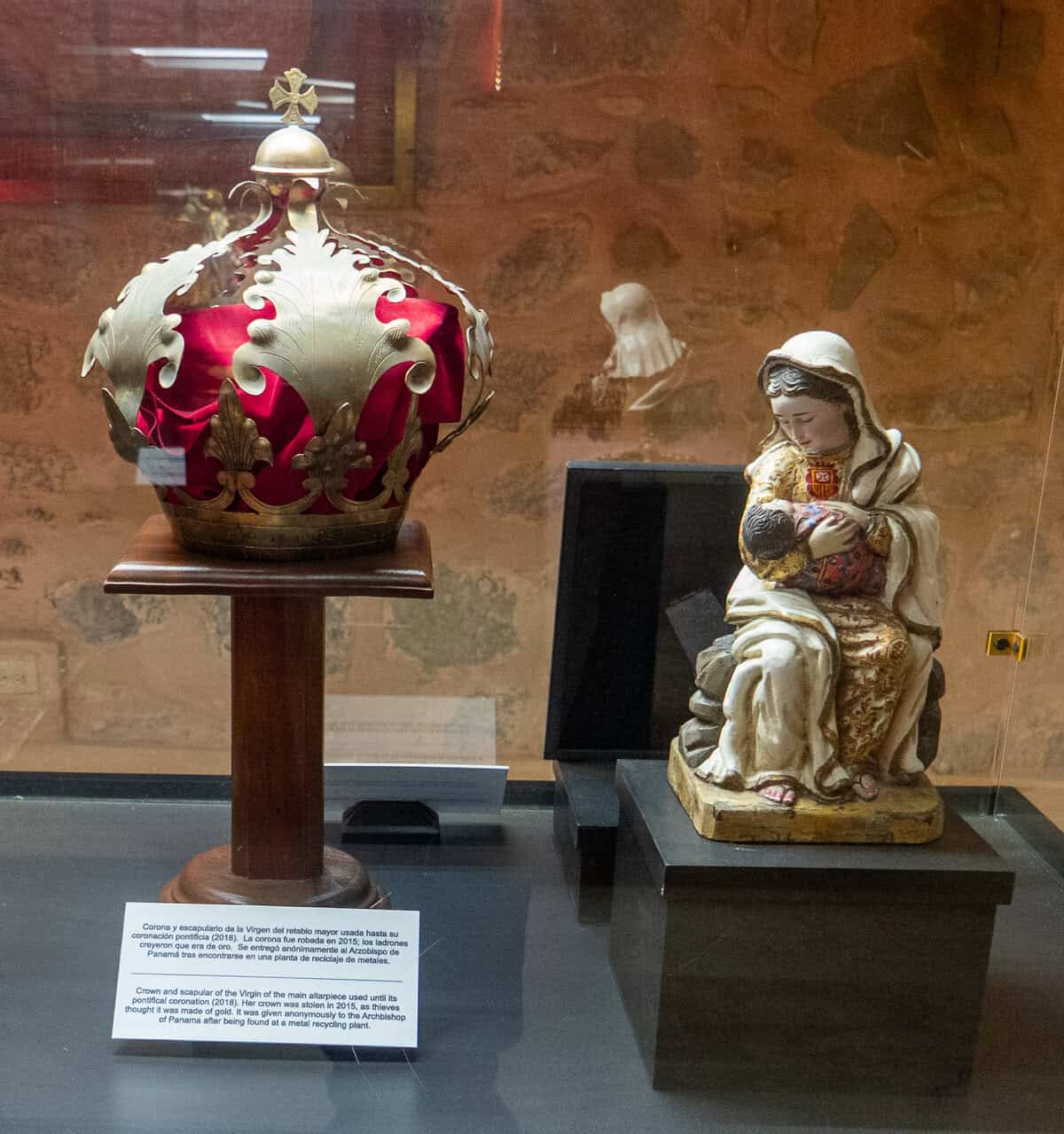Ceremonial crown and Madonna with Child displayed in the Museum of La Merced, Casco Viejo, Panama City.