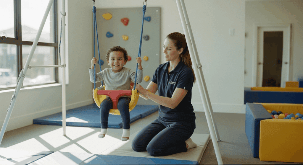 Child therapy swing for kids with sensory processing disorder at Catching Waves Therapy, promoting sensory integration and emotional regulation.