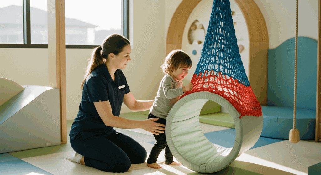 Therapy child playing on sensory swing at Catching Waves Therapy, a pediatric occupational therapy center.