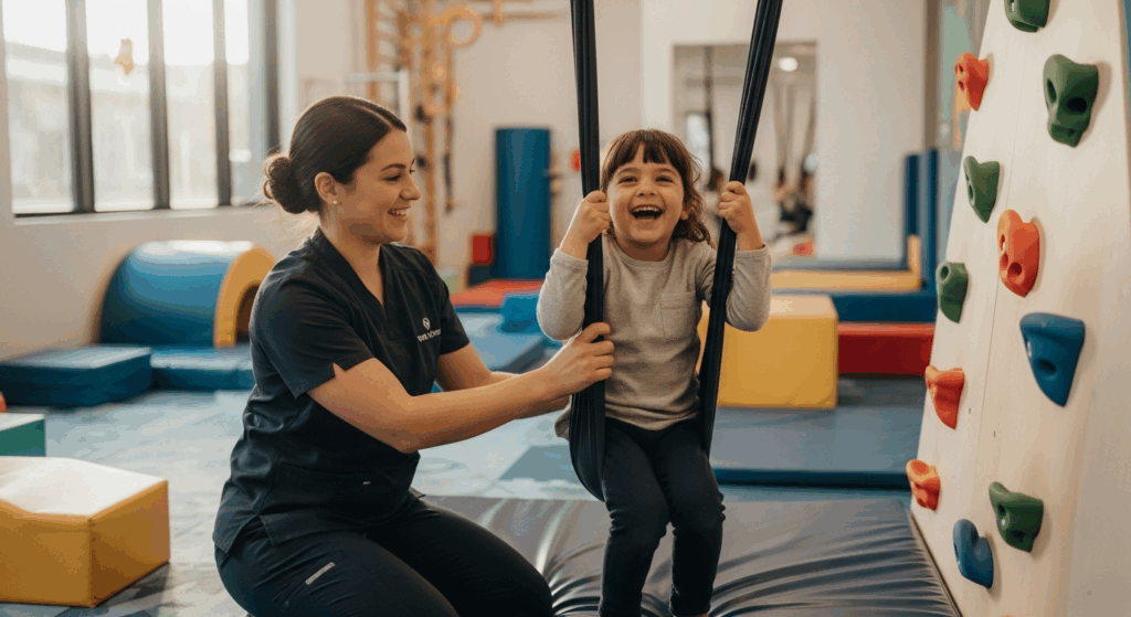Swing therapy for children at Catching Waves Therapy promoting mental health and development.