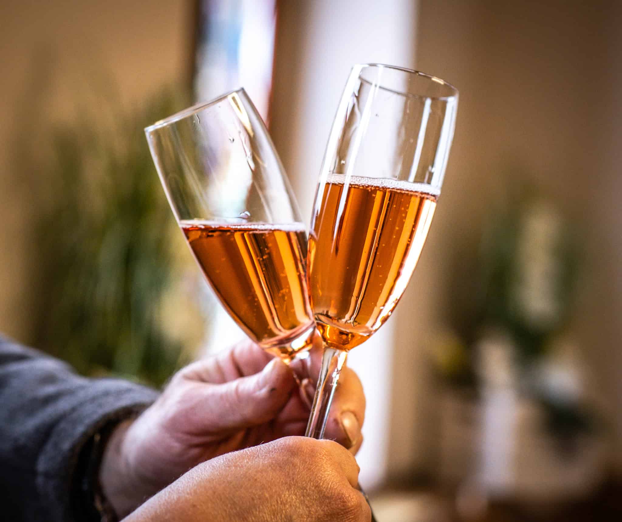 Fröhliches Paar stößt mit Sektgläsern auf die Hochzeit an.