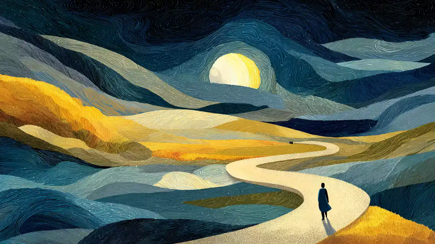Illustration onirique d'une silhouette contournant un obstacle