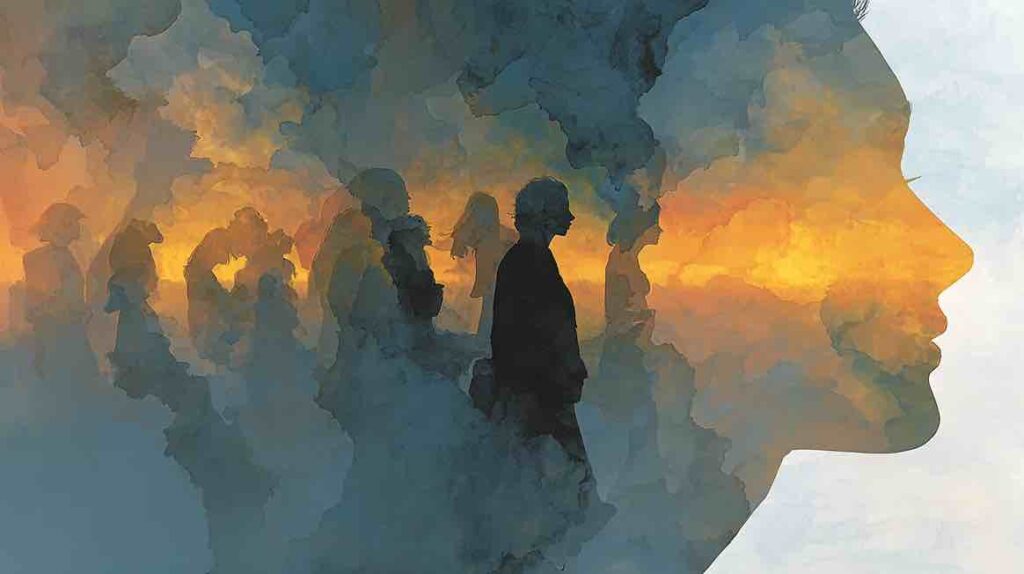 Illustration d'une silhouette se dissolvant en absorbant les émotions des autres évoquant la fatigue compassionnelle