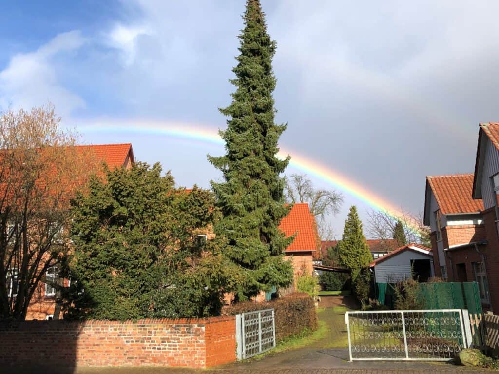 Idyllische Ansicht von Grasdorf mit ländlichen Gebäuden und Regenbogen am Himmel