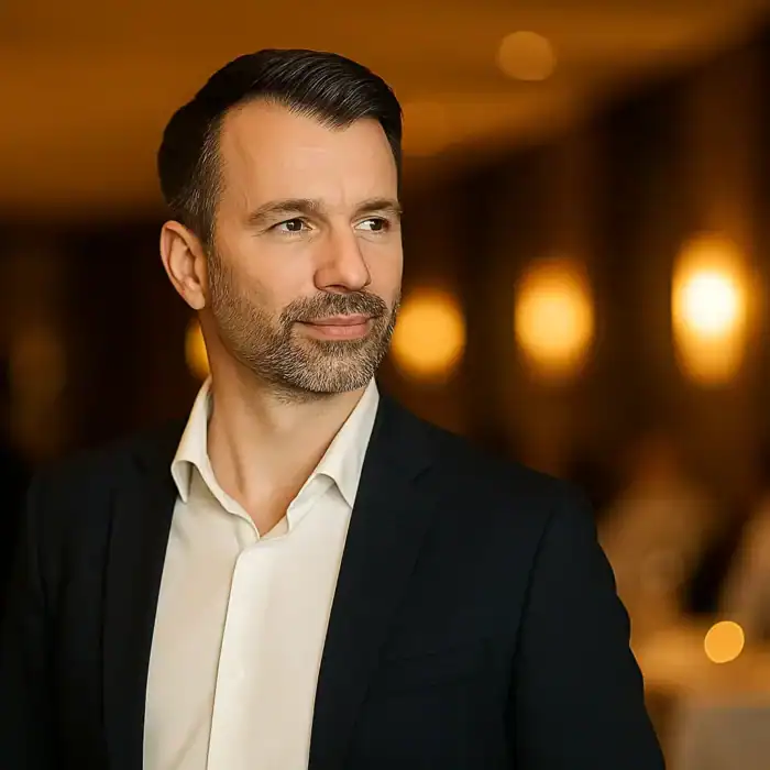 Mann in Business-Kleidung in einem Hotelrestaurant