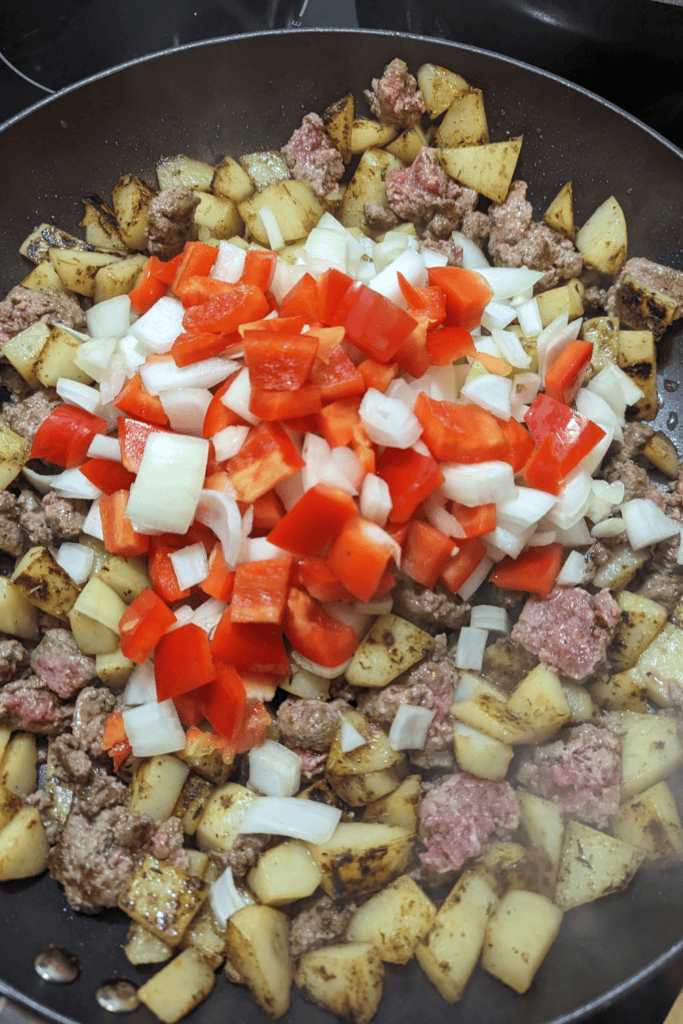 red peppers chopped onion diced hamburger cut up potato hash