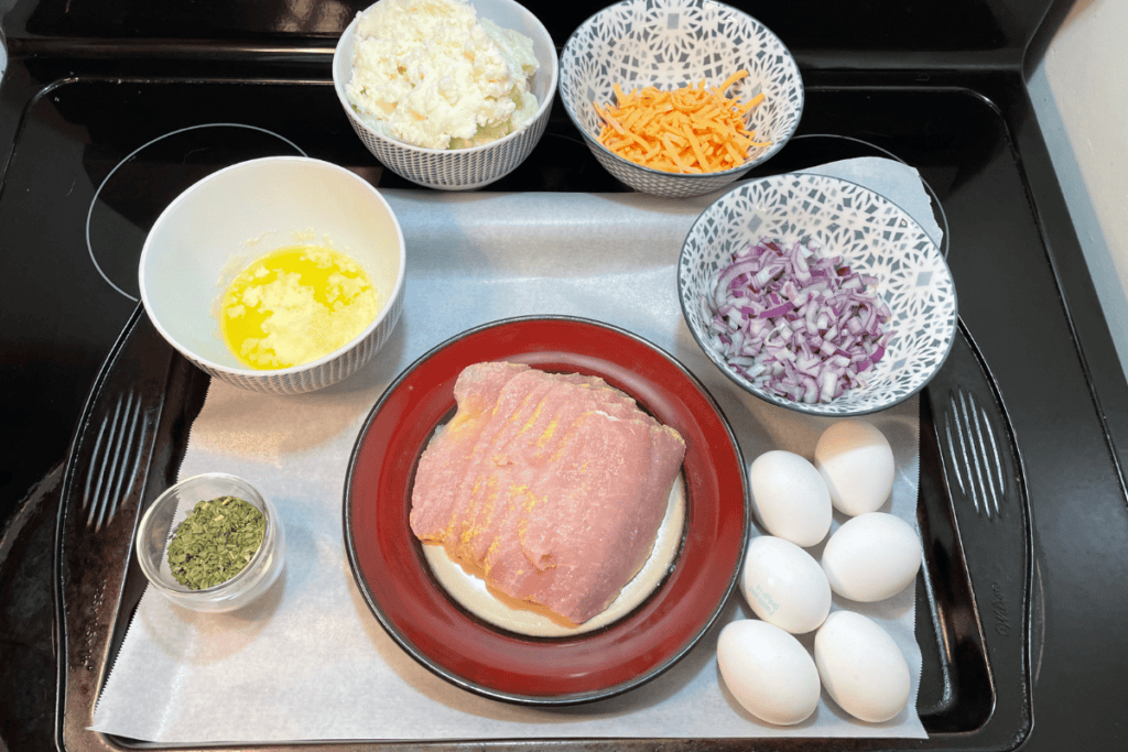 mashed potato egg peameal bacon