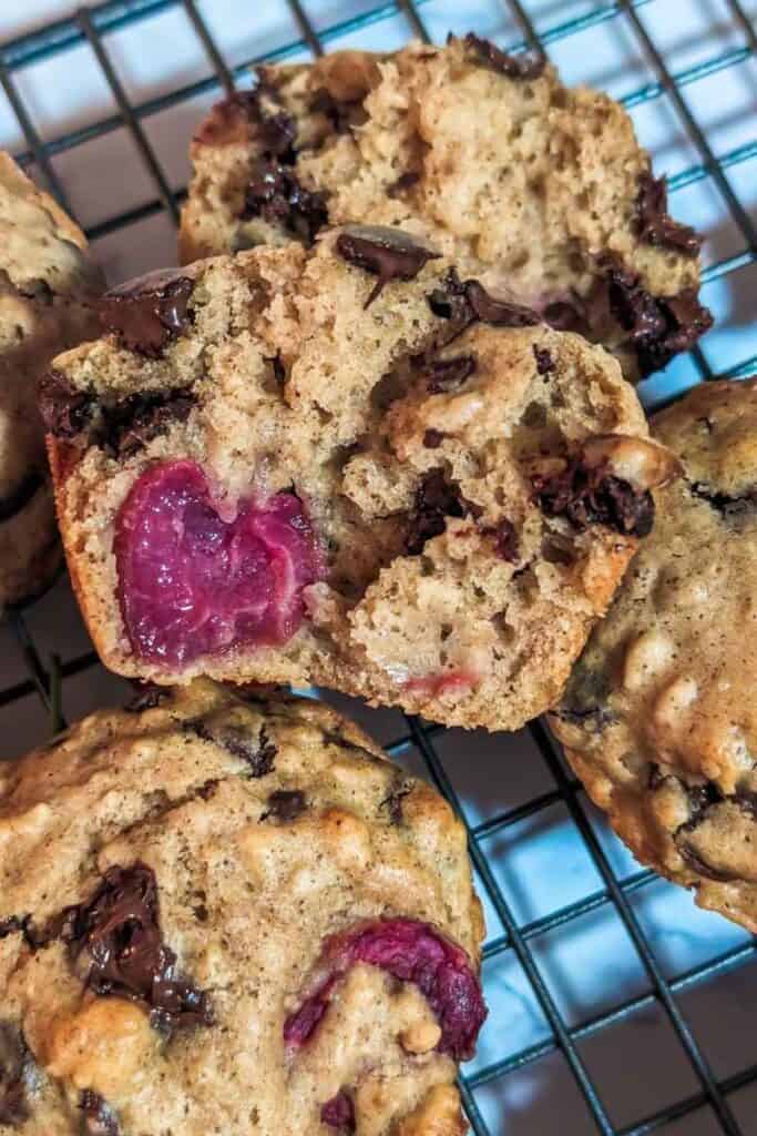 inside a baked chocolate cherry muffin