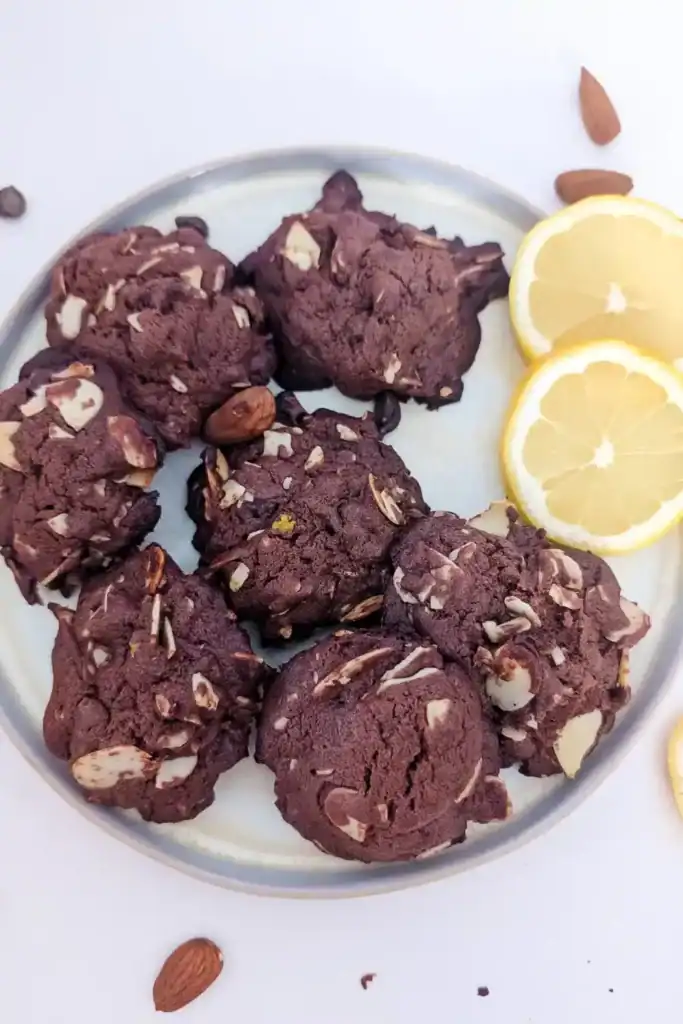 serve double chocolate almond cookies on plate