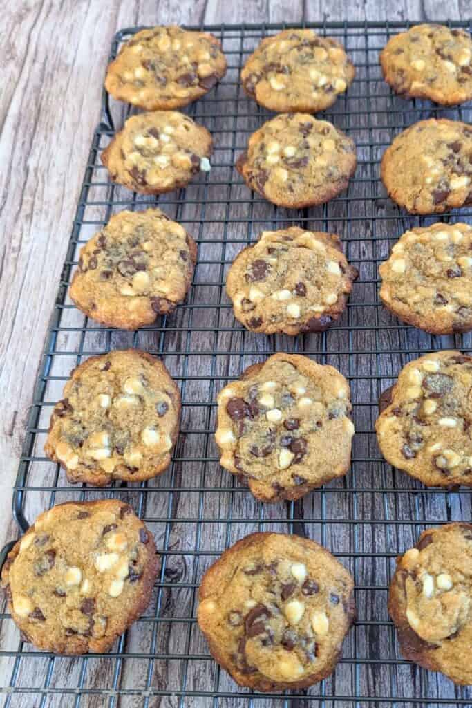 baked and cooling triple chocolate chip cookies