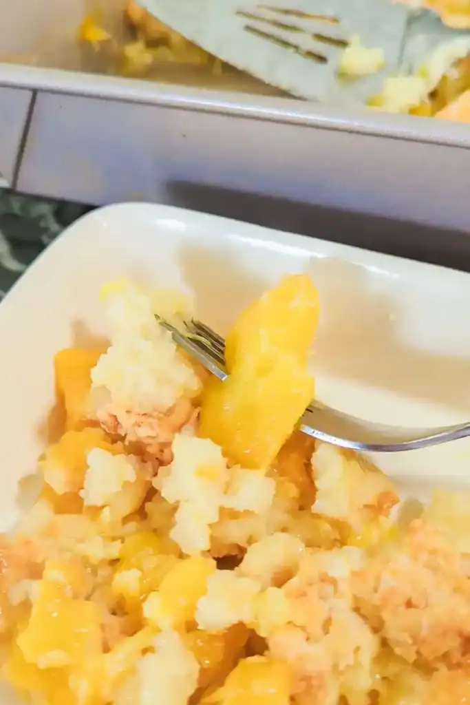 peach on fork tines resting on side of peach cobbler dish. Baking pan and lifter seen in background