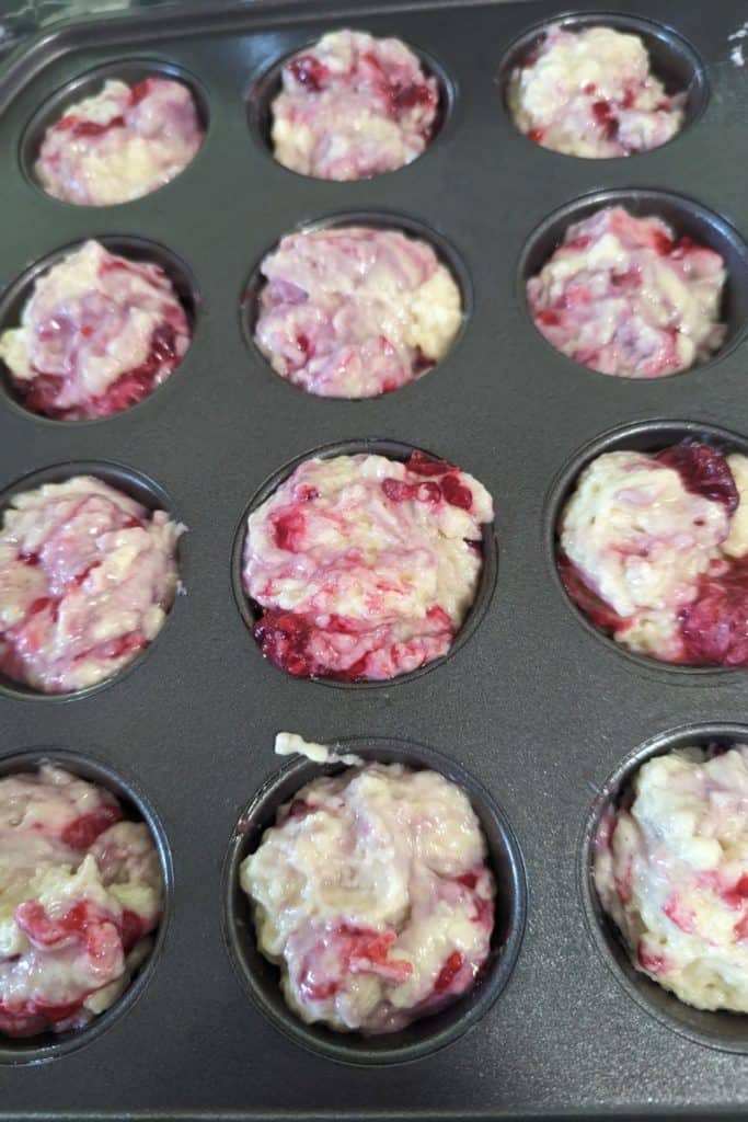 fill prepared mini muffin pan with raspberry muffin batter