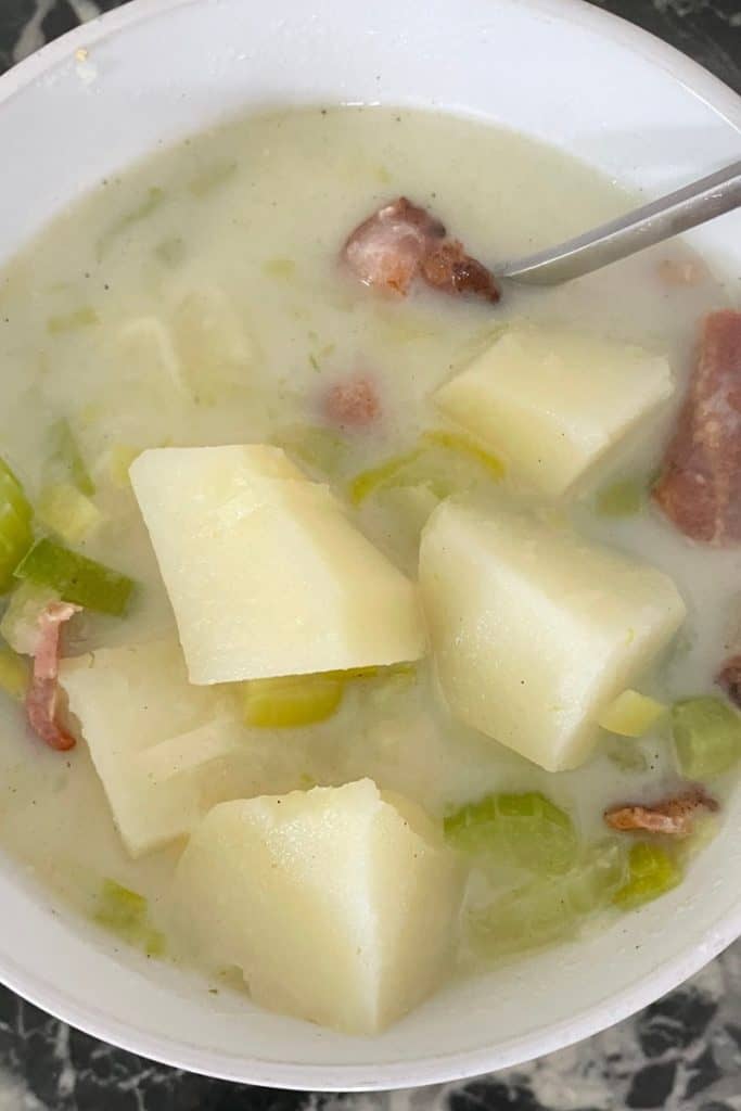 serve chunky potato leek bacon soup while hot