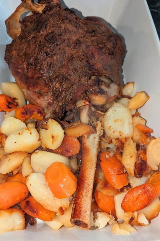 slow roasted leg of lamb with root vegetables