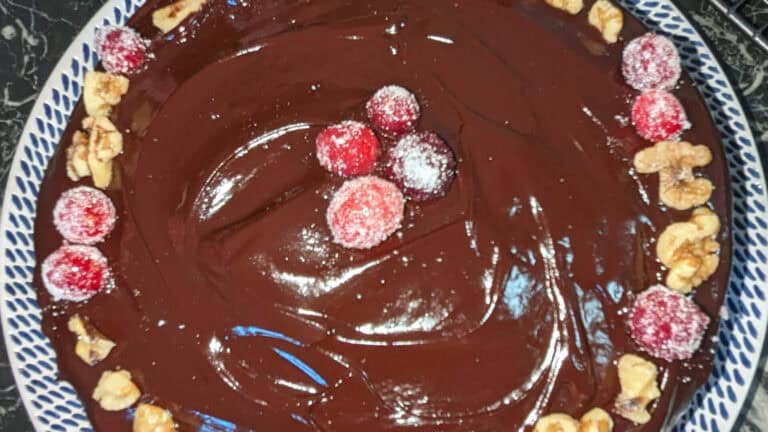Layered Fudge Cake With Chocolate Ganache Candied Cranberries and Walnut Butter Buttercream Filling