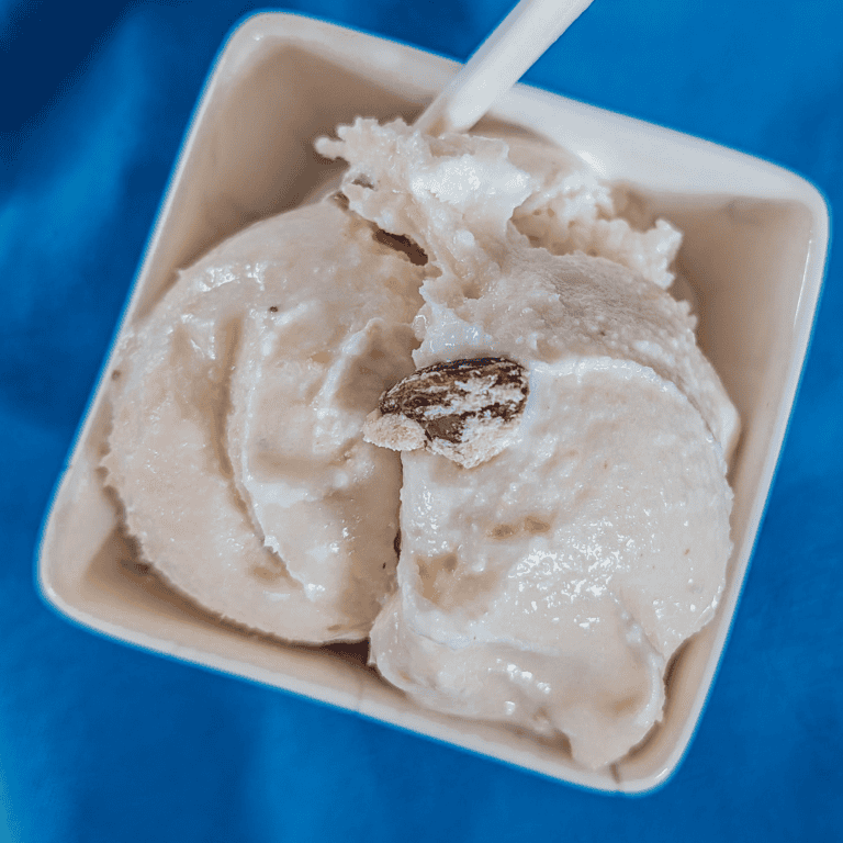Delicious homemade ice cream with pistachio emulsion and halva