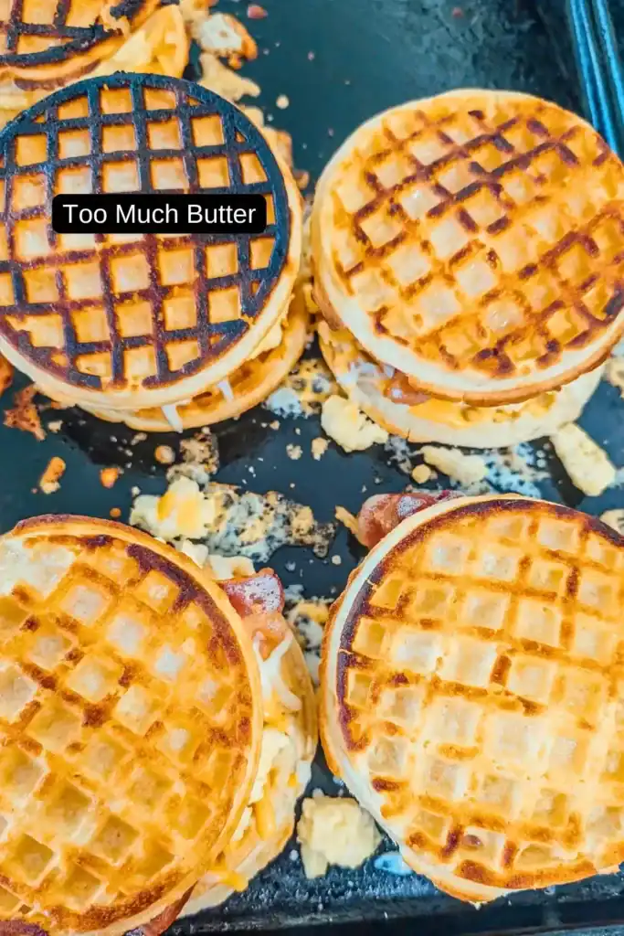 over cooked waffle grilled cheese sandwich next to toasted grill cheese waffle breakfast sandwich on dark baking sheet