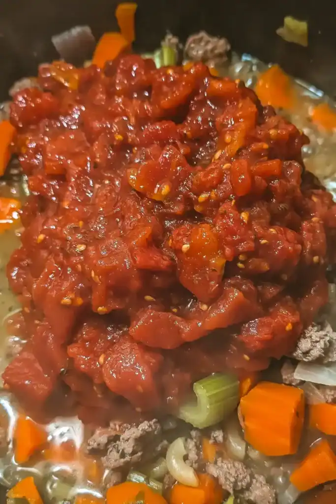 adding canned diced tomatoes to the soup