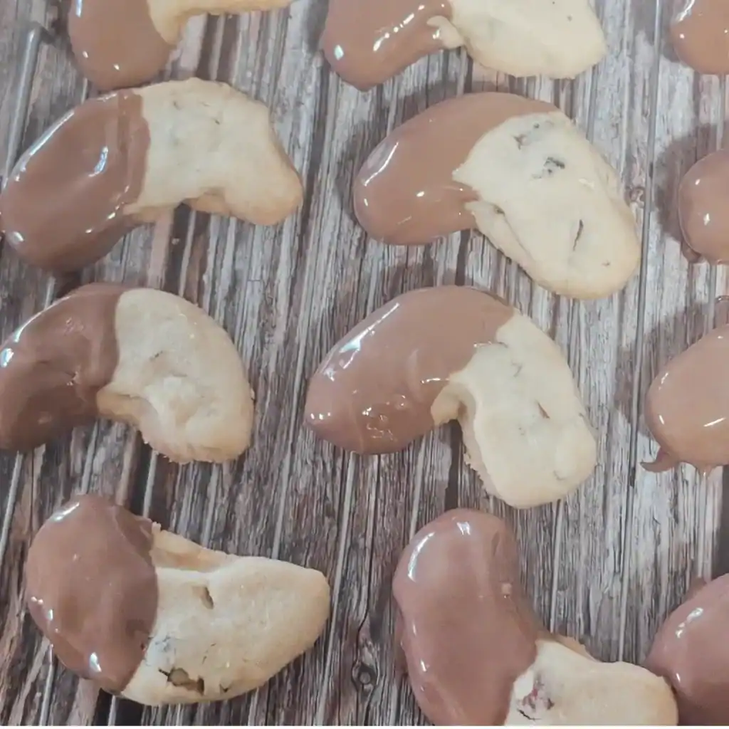 almond shortbread cookie crescents dipped in milk chocolate