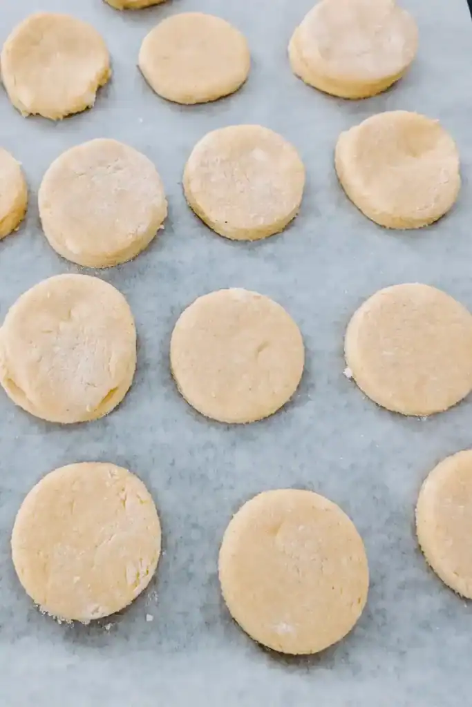 adding the biscuit rounds to baking tray
