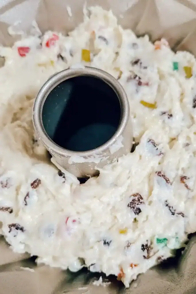 gumdrop cake batter in the greased bundt pan