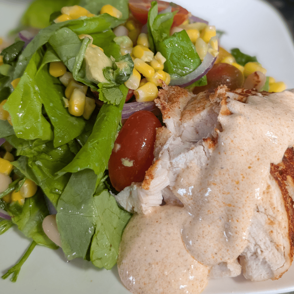 Fresh chicken salad with chipotle dressing and mixed greens.