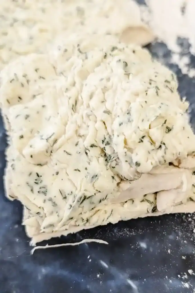 cut and stack rectangles buttered unbaked garlic bread