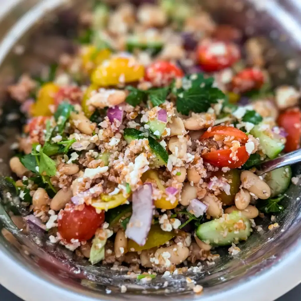 the salad all mixed together the edge of the stainless steel bowl around the salad